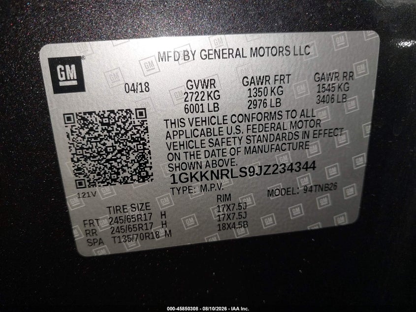 2018 Gmc Acadia VIN 1GKKNRLS9JZ234344 IAAI salvage auction — NORMAL WEAR, Sf97 (New York), sold $13,800 on 2026-08-20 (photo 9)