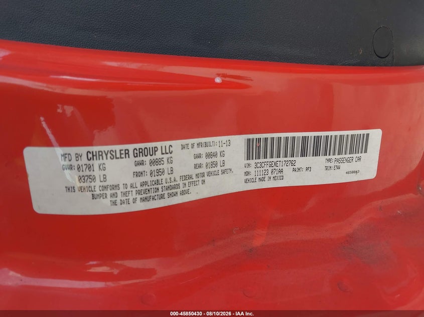 2014 Fiat 500e VIN 3C3CFFGEXET172762 IAAI salvage auction — NORMAL WEAR, Clear (Oregon), sold $675 on 2026-09-06 (photo 9)