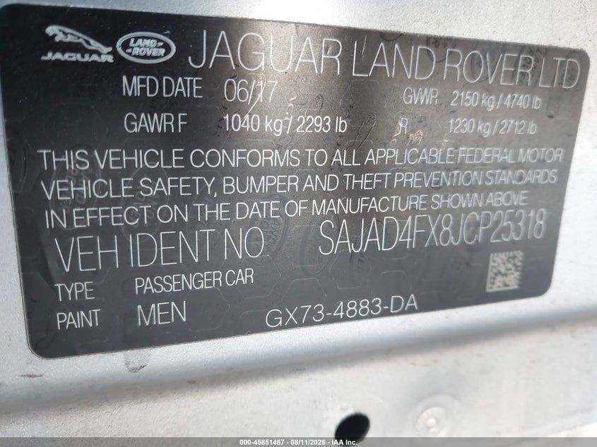 2018 Jaguar Xe VIN SAJAD4FX8JCP25318 IAAI salvage auction — LEFT SIDE, Wait Title, sold $550 on 2026-09-17 (photo 9)