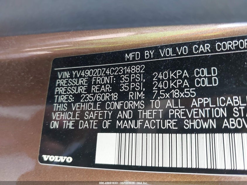 2012 Volvo Xc60 VIN YV4902DZ4C2314882 IAAI salvage auction — NORMAL WEAR, Clear (Connecticut), sold $450 on 2026-08-13 (photo 9)