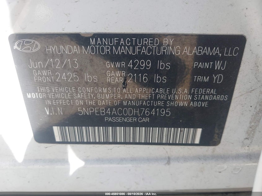 2013 Hyundai Sonata VIN 5NPEB4AC0DH764195 IAAI salvage auction — NORMAL WEAR, Clear - Dealer Only (California), sold $400 on 2026-08-22 (photo 9)