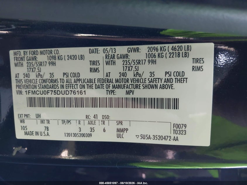 2013 Ford Escape VIN 1FMCU0F75DUD76161 IAAI salvage auction — REAR END, Salvage Certificate (California), sold $1,300 on 2026-08-21 (photo 9)