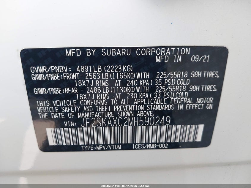 2021 Subaru Forester VIN JF2SKAXC2MH590249 IAAI salvage auction — REAR END, Wait Title, sold $11,000 on 2026-09-16 (photo 9)