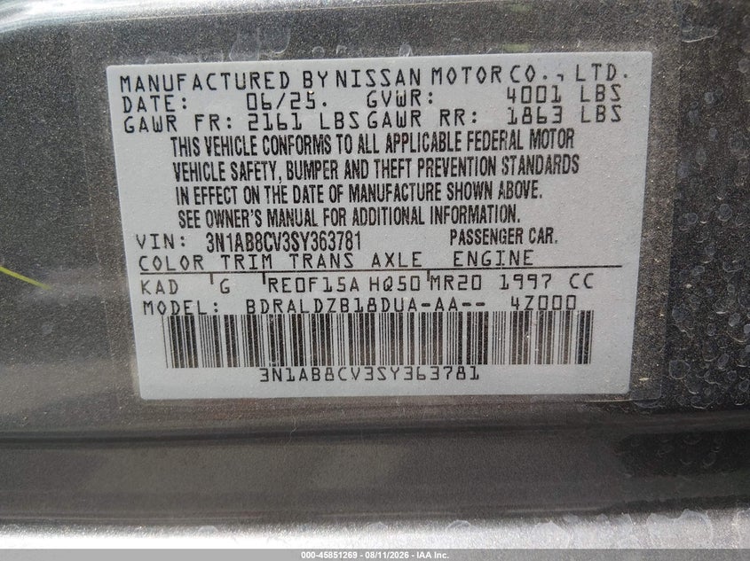 2025 Nissan Sentra VIN 3N1AB8CV3SY363781 IAAI salvage auction — RIGHT REAR, Salvage Title, sold $13,550 on 2026-08-18 (photo 9)