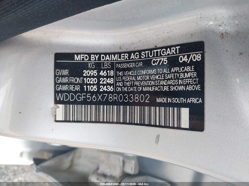 2008 Mercedes-benz C class VIN WDDGF56X78R033802 IAAI salvage auction — NORMAL WEAR, Clear (New York), sold $625 on 2026-08-15 (photo 9)