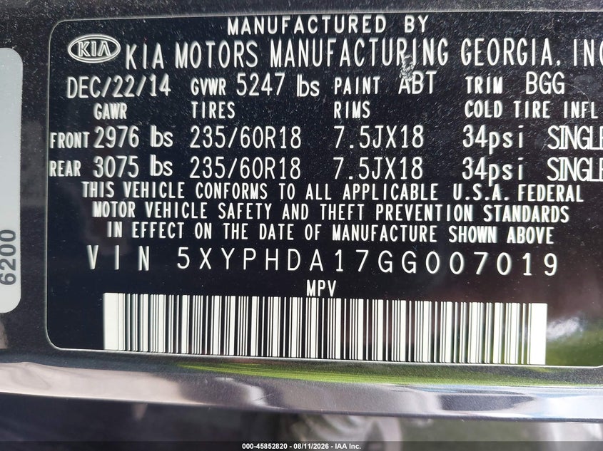 2016 Kia Sorento VIN 5XYPHDA17GG007019 IAAI salvage auction — NORMAL WEAR, Original (Maine), sold $700 on 2026-08-23 (photo 9)
