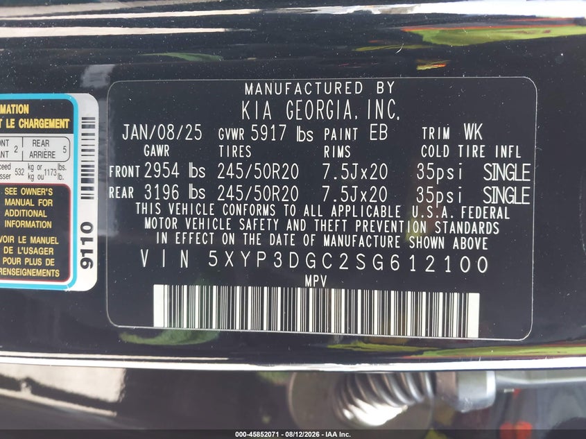 2025 Kia Telluride VIN 5XYP3DGC2SG612100 IAAI salvage auction — REAR END, Salvage Title, sold $18,500 on 2026-10-07 (photo 9)