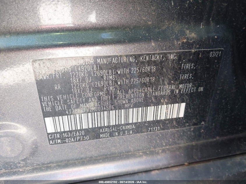2021 Toyota Rav 4 VIN 4T3B6RFV2MU034506 IAAI salvage auction — SIDE, Salvage (North Carolina), sold $12,900 on 2026-09-22 (photo 9)
