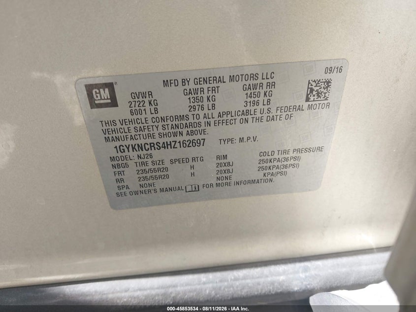 2017 Cadillac Xt5 VIN 1GYKNCRS4HZ162697 IAAI salvage auction — REAR END, Salvage Title, sold $3,350 on 2026-08-25 (photo 9)