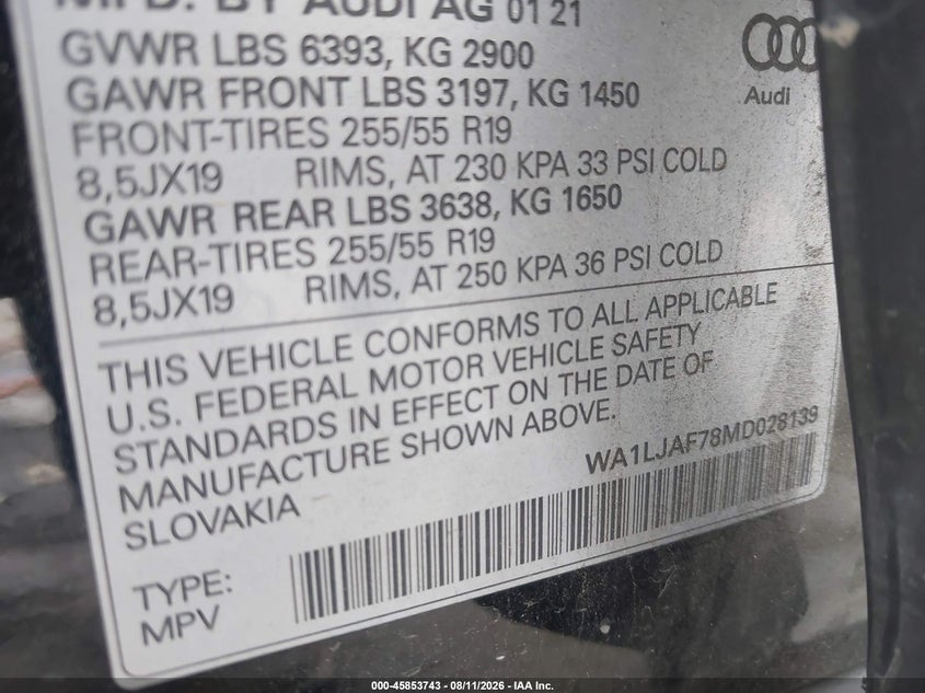 2021 Audi Q7 VIN WA1LJAF78MD028139 IAAI salvage auction — REAR END, Salvage Title, sold $12,700 on 2026-08-23 (photo 9)