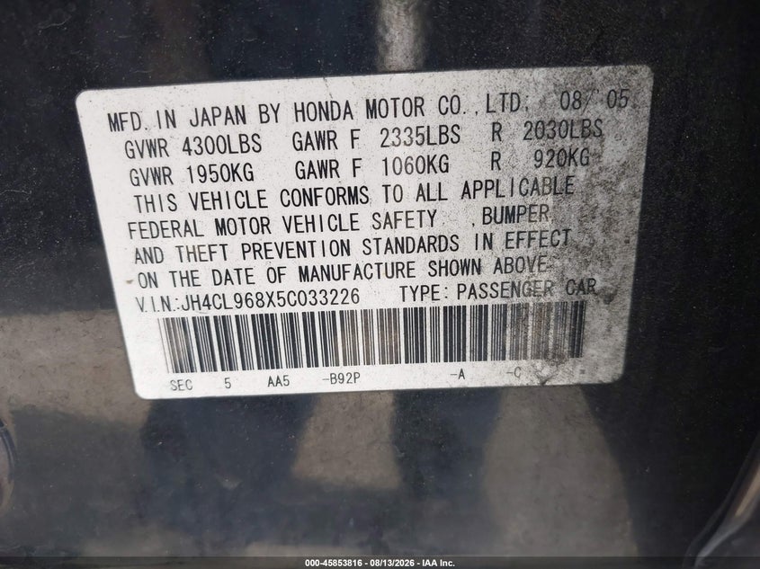 2005 Acura Tsx VIN JH4CL968X5C033226 IAAI salvage auction — FRONT END, Salvage (California), sold $775 on 2026-08-27 (photo 9)