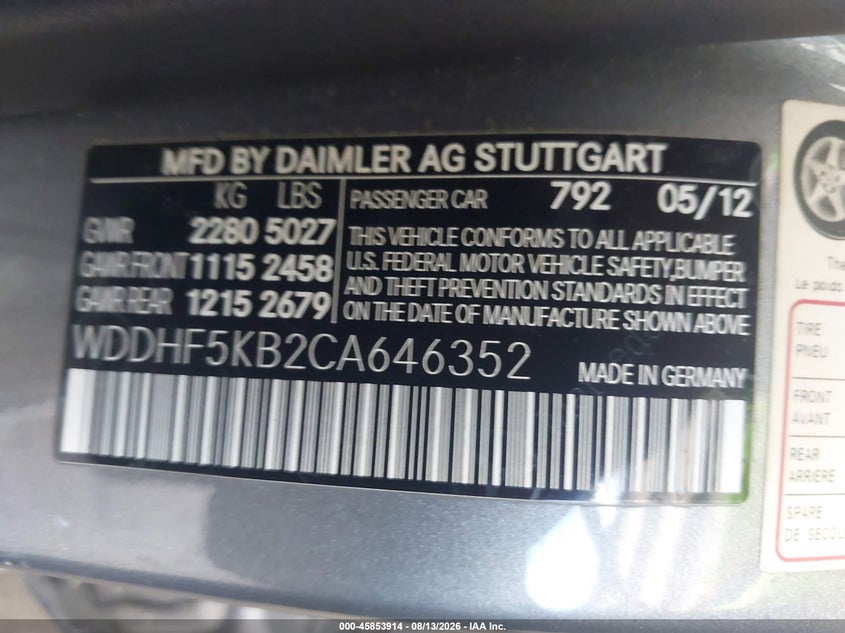 2012 Mercedes-benz E-class VIN WDDHF5KB2CA646352 IAAI salvage auction — NORMAL WEAR, Clear (Florida), sold $1,550 on 2026-08-18 (photo 9)