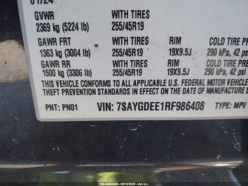 2024 Tesla Model y VIN 7SAYGDEE1RF986408 IAAI salvage auction — FRONT END, Salvage Title, sold $11,600 on 2026-08-30 (photo 9)