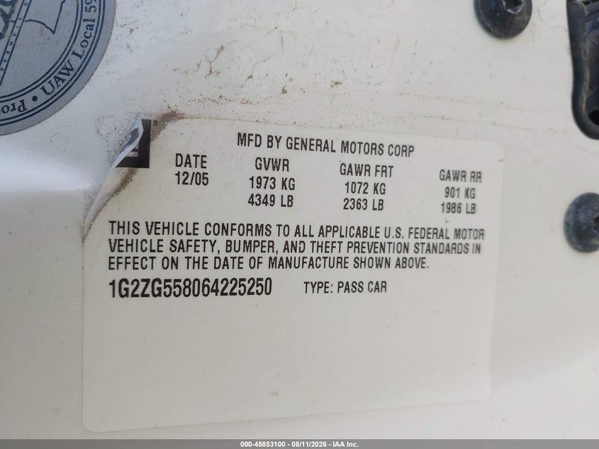 2006 Pontiac G6 VIN 1G2ZG558064225250 IAAI salvage auction — NORMAL WEAR, Certificate Of Title (Nebraska), sold $475 on 2026-09-03 (photo 9)
