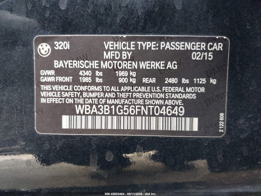 2015 BMW 3er VIN WBA3B1G56FNT04649 IAAI salvage auction — RIGHT REAR, Salvage (California), sold $3,250 on 2026-08-19 (photo 9)