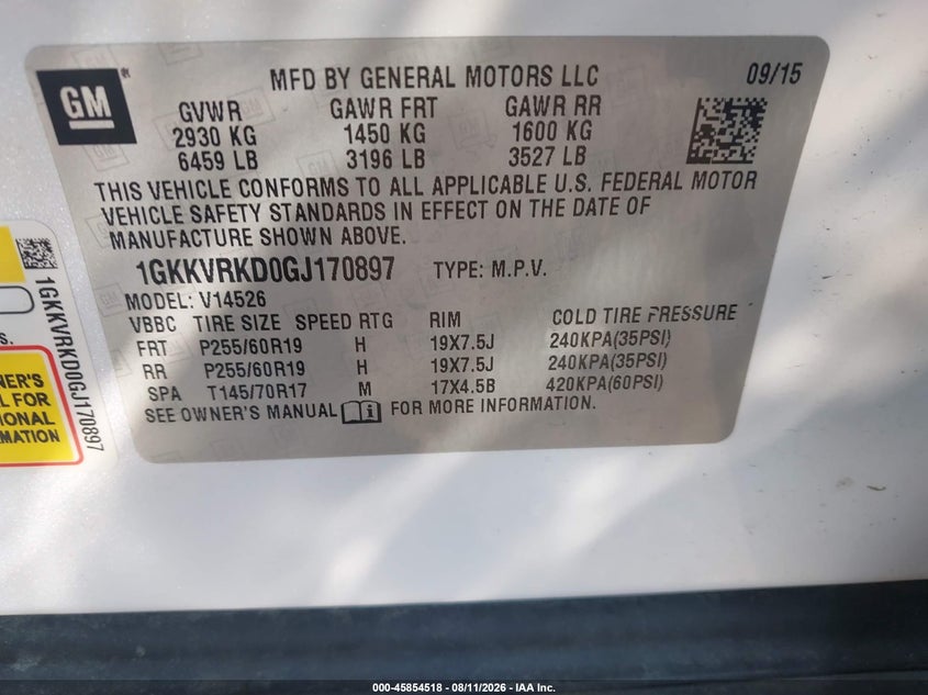 2016 Gmc Acadia VIN 1GKKVRKD0GJ170897 IAAI salvage auction — FRONT END, Salvage (Illinois), sold $1,050 on 2026-09-27 (photo 9)
