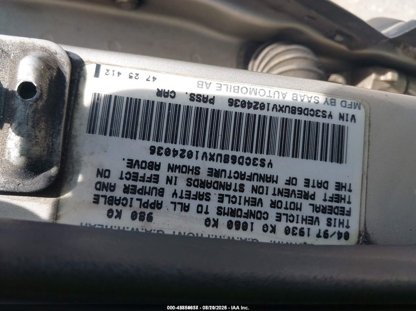 1997 Saab 9000 VIN YS3CD68UXV1024036 IAAI salvage auction — FRONT & REAR, Salvage (Idaho), sold $250 on 2026-09-17 (photo 9)