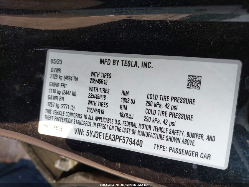 2023 Tesla Model 3 VIN 5YJ3E1EA3PF579440 IAAI salvage auction — LEFT FRONT, Mv-907A (New York), sold $7,100 on 2026-08-23 (photo 9)
