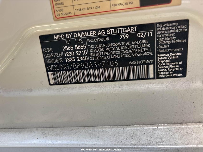 2011 Mercedes-benz S class VIN WDDNG7BB9BA397106 IAAI salvage auction — NORMAL WEAR, Clear (Texas), sold $1,250 on 2026-08-13 (photo 9)