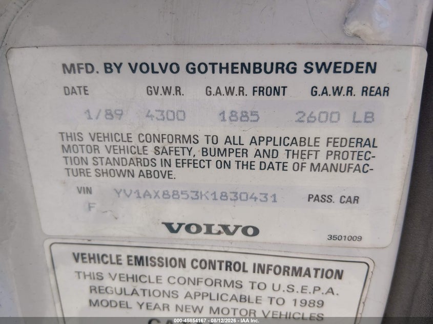 1989 Volvo 240 VIN YV1AX8853K1830431 IAAI salvage auction — NORMAL WEAR, Clear - Public Restricted (Oregon), sold $100 on 2026-08-17 (photo 9)
