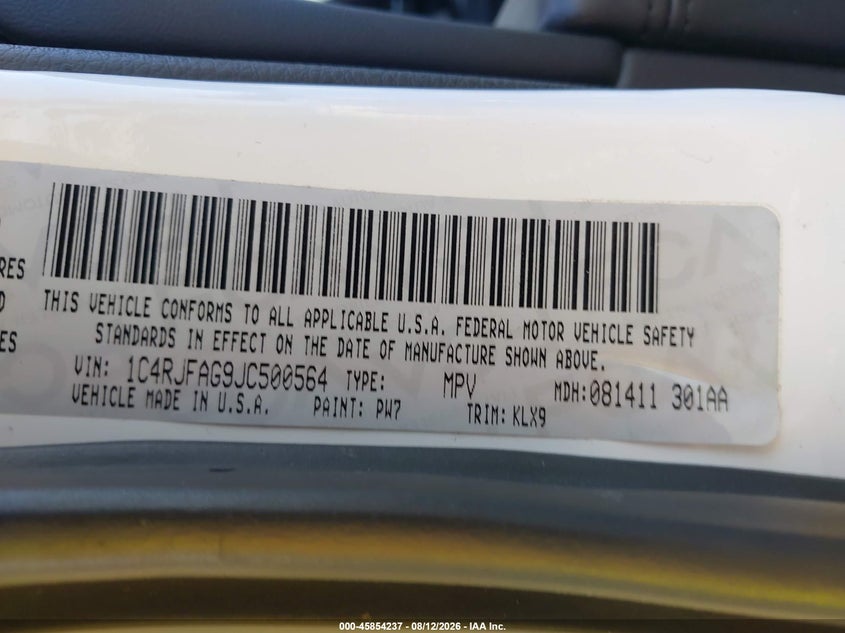 2018 Jeep Grand cherokee VIN 1C4RJFAG9JC500564 IAAI salvage auction — HAIL, Original (Texas), sold $8,000 on 2026-09-23 (photo 9)
