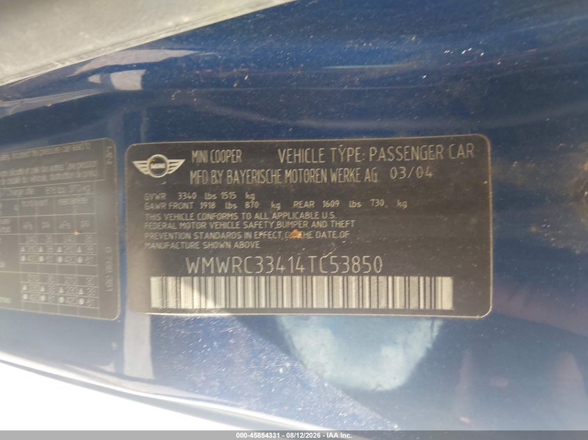 2004 Mini Cooper VIN WMWRC33414TC53850 IAAI salvage auction — FRONT END, Clear (Georgia), sold $350 on 2026-08-19 (photo 9)