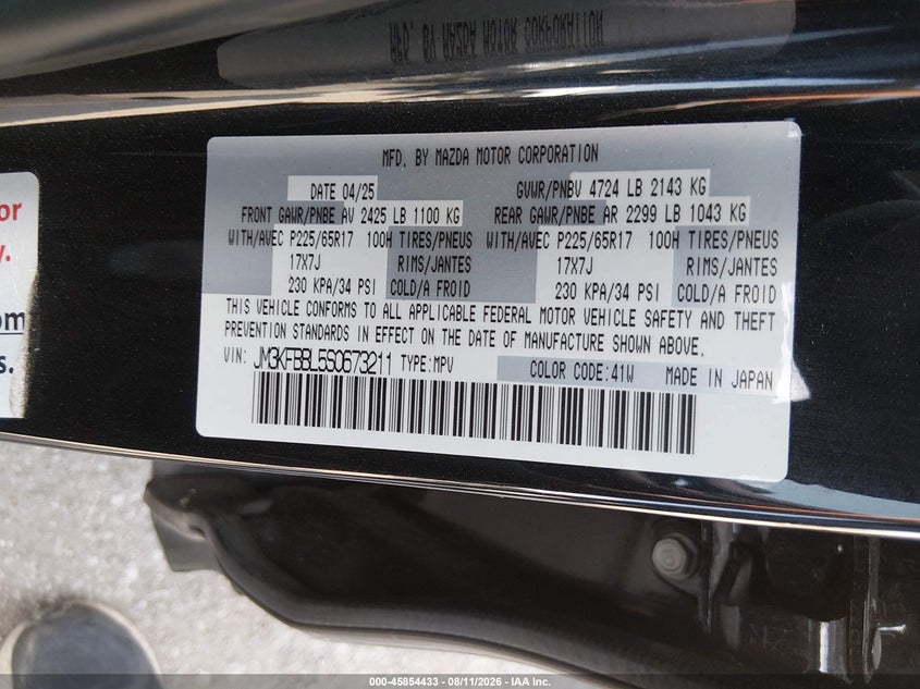 2025 Mazda Cx-5 VIN JM3KFBBL5S0673211 IAAI salvage auction — LEFT FRONT, Salvage Title, sold $9,000 on 2026-08-28 (photo 9)