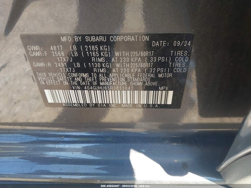 2024 Subaru Xv VIN 4S4GUHU65R3833042 IAAI salvage auction — FRONT END, Wait Title, sold $7,400 on 2026-10-17 (photo 9)