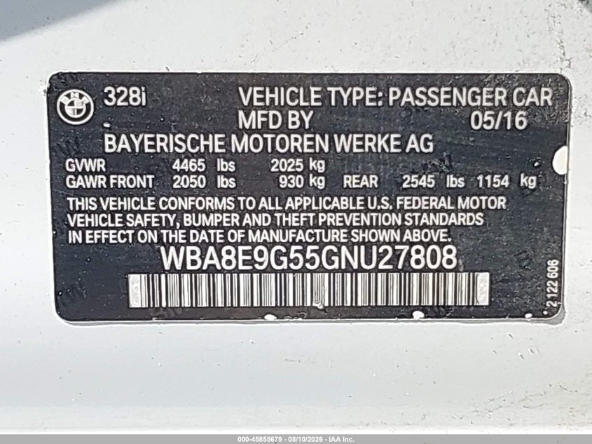 2016 BMW 3er VIN WBA8E9G55GNU27808 IAAI salvage auction — SIDE, Clear (Florida), sold $2,900 on 2026-08-13 (photo 9)