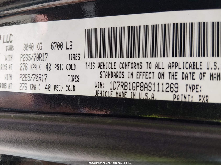 2010 Dodge Ram 1500 VIN 1D7RB1GP8AS111269 IAAI salvage auction — FRONT END, Salvage (Kansas), sold $75 on 2026-09-12 (photo 9)