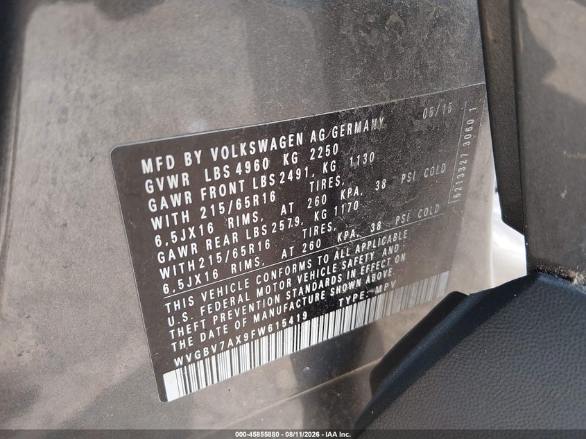 2015 Volkswagen Tiguan VIN WVGBV7AX9FW615419 IAAI salvage auction — NORMAL WEAR, Clear (Massachusetts), sold $400 on 2026-08-18 (photo 9)