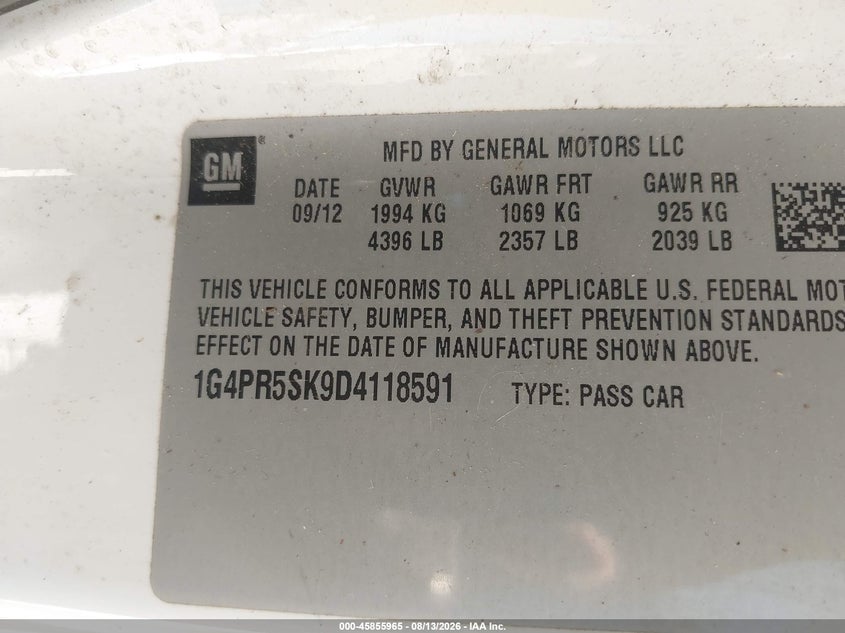 2013 Buick Verano VIN 1G4PR5SK9D4118591 IAAI salvage auction — FRONT END, Salvage (Texas), sold $1,500 on 2026-09-12 (photo 9)