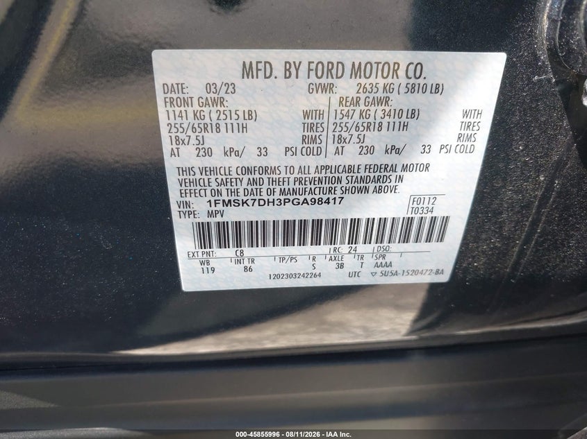 2023 Ford Explorer VIN 1FMSK7DH3PGA98417 IAAI salvage auction — LEFT FRONT, Salvage Title, sold $10,000 on 2026-09-11 (photo 9)