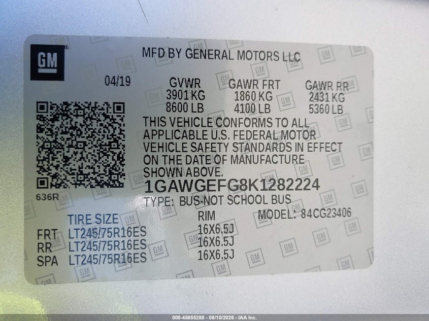 2019 Chevrolet Express 2500 VIN 1GAWGEFG8K1282224 IAAI salvage auction — NORMAL WEAR, Sf97 (Washington), sold $18,000 on 2026-08-26 (photo 9)