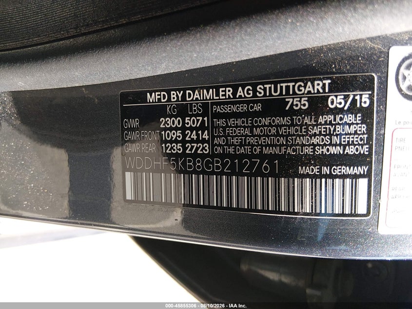 2016 Mercedes-benz E-klasse VIN WDDHF5KB8GB212761 IAAI salvage auction — REAR END, Clear - Dealer Only (California), sold $2,600 on 2026-08-21 (photo 9)