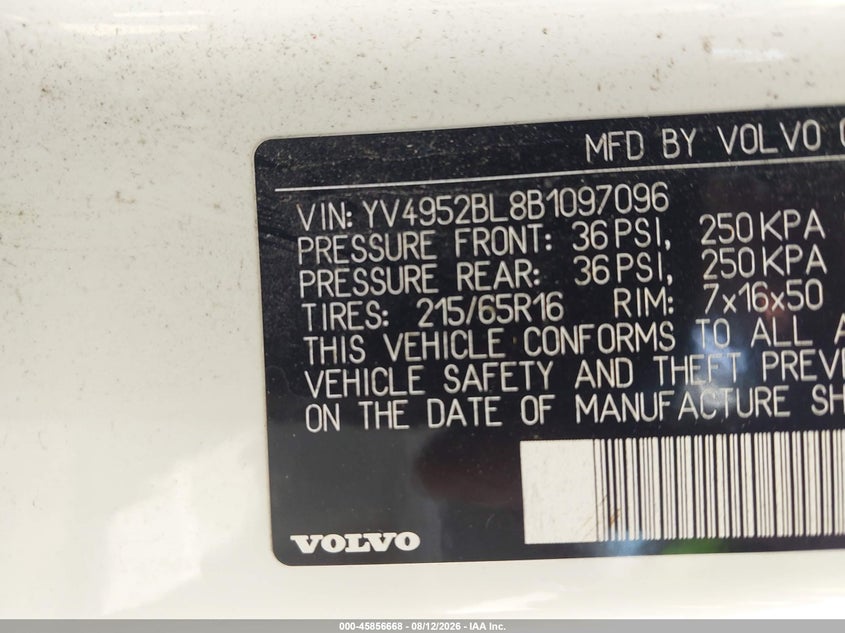 2011 Volvo Xc70 VIN YV4952BL8B1097096 IAAI salvage auction — RIGHT FRONT, Clear (Virginia), sold $1,100 on 2026-08-17 (photo 9)