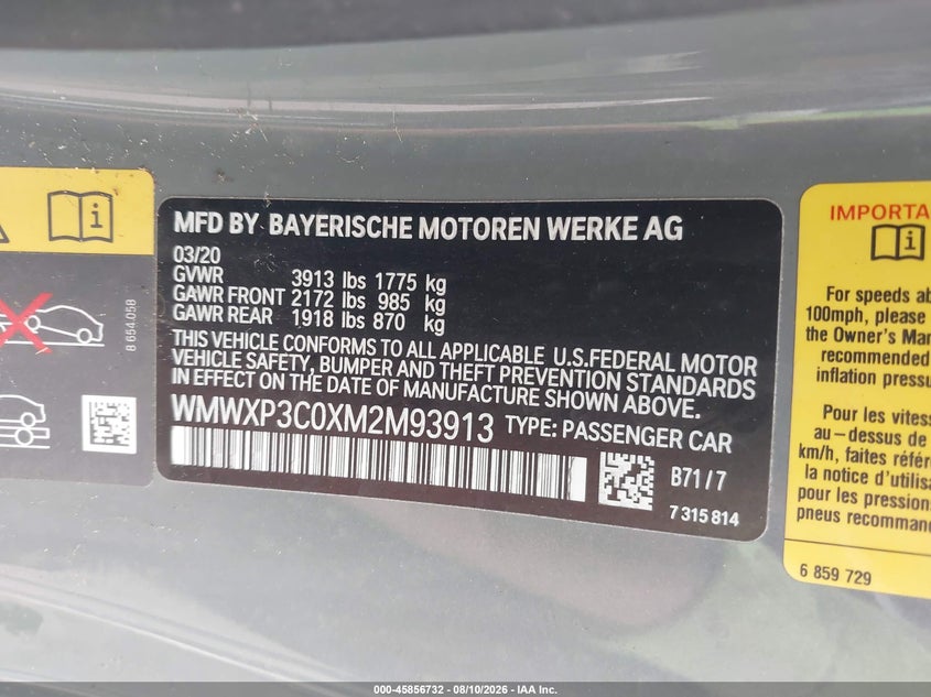 2021 Mini Hard top VIN WMWXP3C0XM2M93913 IAAI salvage auction — FRONT END, Salvage (Illinois), sold $1,525 on 2026-08-18 (photo 9)