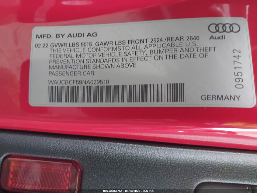 2022 Audi A5 VIN WAUCBCF59NA029510 IAAI salvage auction — RIGHT REAR, Wait Title, sold $12,400 on 2026-09-21 (photo 9)