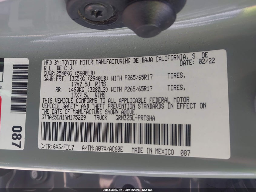 2022 Toyota Tacoma VIN 3TMAZ5CN1NM175229 IAAI salvage auction — FRONT END, Salvage (California), sold $11,900 on 2026-08-23 (photo 9)