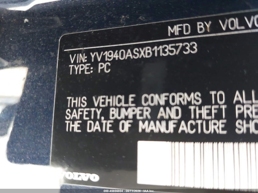 2011 Volvo S80 VIN YV1940ASXB1135733 IAAI salvage auction — NORMAL WEAR, Clear - Dealer Only (California), sold $125 on 2026-08-17 (photo 9)