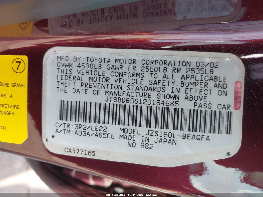 2002 Lexus Gs 300 VIN JT8BD69S120164685 IAAI salvage auction — Unknown, Salvage (California), sold $600 on 2026-08-30 (photo 9)