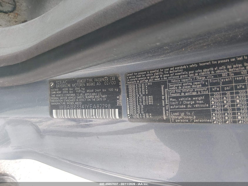 2000 BMW 3 series VIN WBABR3341YEA82298 IAAI salvage auction — UNKNOWN, Dealer (Iowa), sold $475 on 2026-08-18 (photo 9)