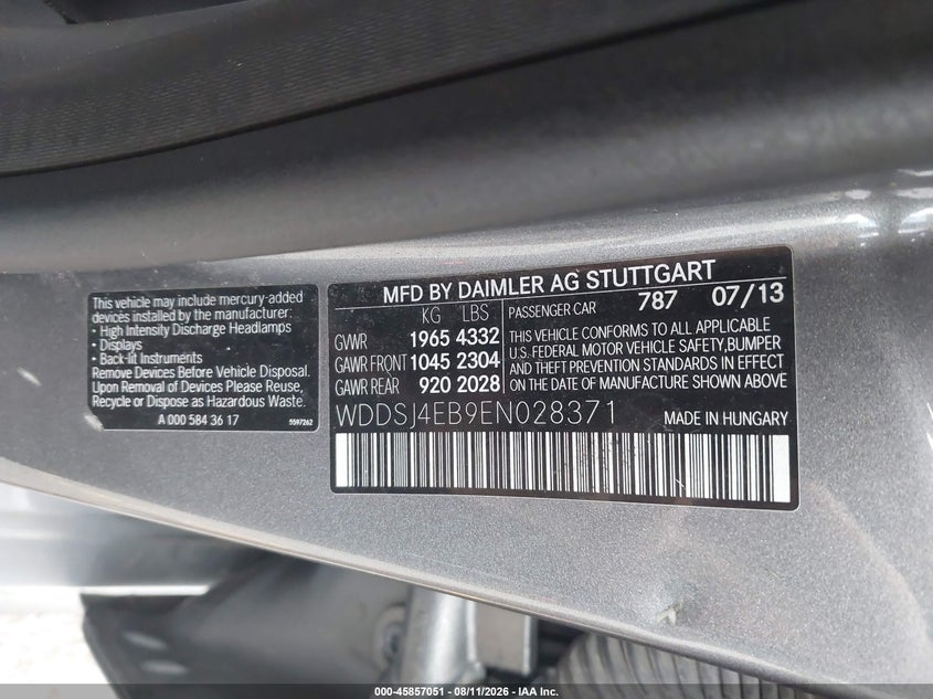 2014 Mercedes-benz Cla-class VIN WDDSJ4EB9EN028371 IAAI salvage auction — NORMAL WEAR, Clear (Indiana), sold $1,025 on 2026-08-17 (photo 9)