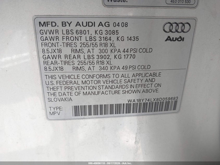 2008 Audi Q7 VIN WA1BY74LX8D059683 IAAI salvage auction — RIGHT SIDE, Original (Texas), sold $375 on 2026-09-26 (photo 9)