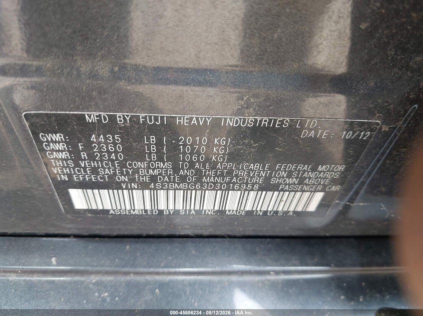 2013 Subaru LEGACY VIN 4S3BMBG63D3016958 IAAI salvage auction — NORMAL WEAR, Salvage Title, sold $625 on 2026-10-03 (photo 9)