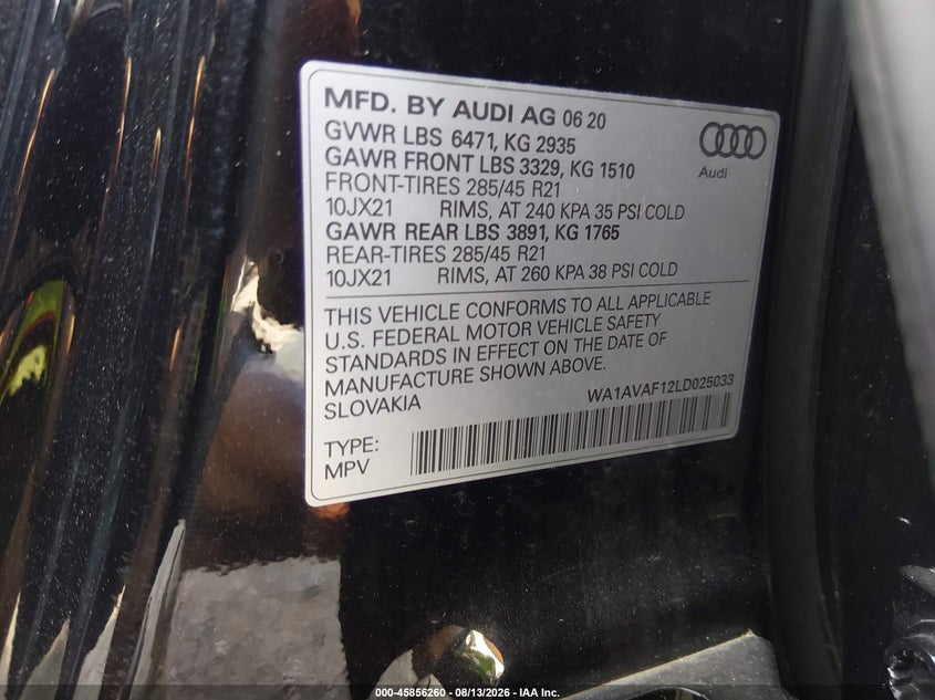 2020 Audi Q8 VIN WA1AVAF12LD025033 IAAI salvage auction — RIGHT FRONT, Salvage Title, sold $20,150 on 2026-09-25 (photo 9)