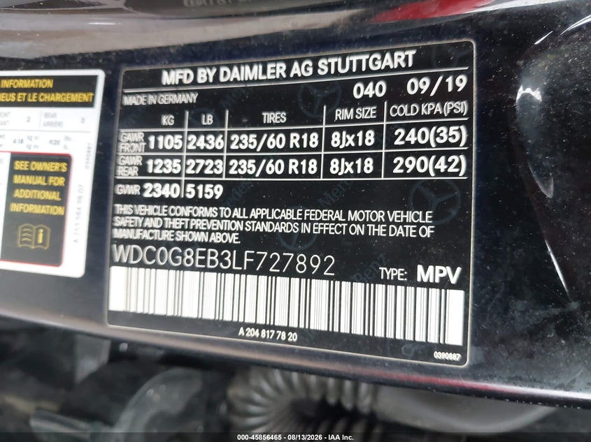 2020 Mercedes-benz Glc VIN WDC0G8EB3LF727892 IAAI salvage auction — FRONT END, Wait Title, sold $10,900 on 2026-08-26 (photo 9)