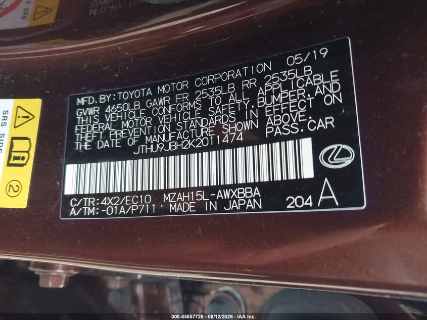 2019 Lexus Ux VIN JTHU9JBH2K2011474 IAAI salvage auction — SIDE, Salvage Title, sold $8,800 on 2026-08-30 (photo 9)