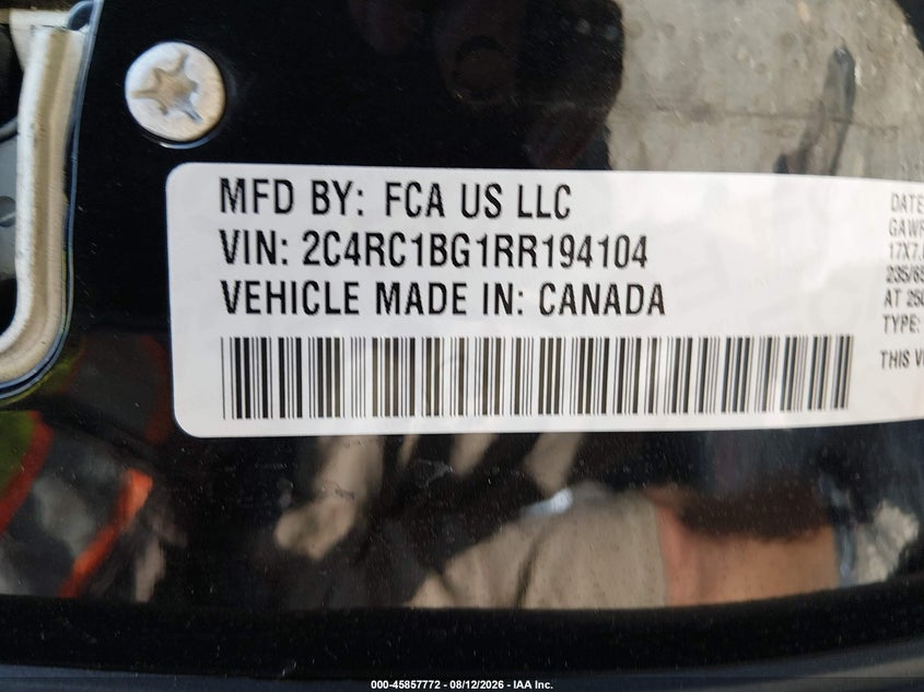 2024 Chrysler Pacifica VIN 2C4RC1BG1RR194104 IAAI salvage auction — ENGINE DAMAGE, Salvage Title, sold $11,950 on 2026-08-19 (photo 9)
