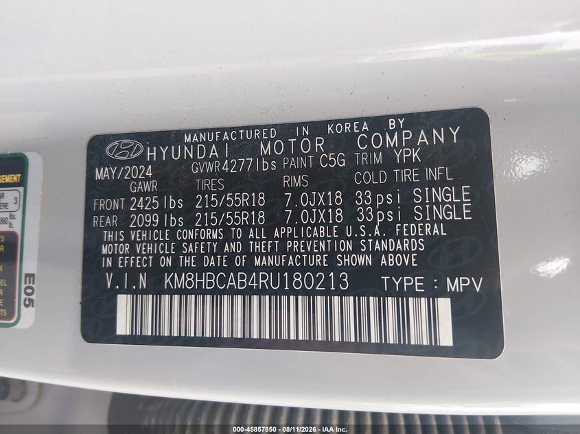 2024 Hyundai Kona VIN KM8HBCAB4RU180213 IAAI salvage auction — REAR END, Salvage Title, sold $15,300 on 2026-08-18 (photo 9)